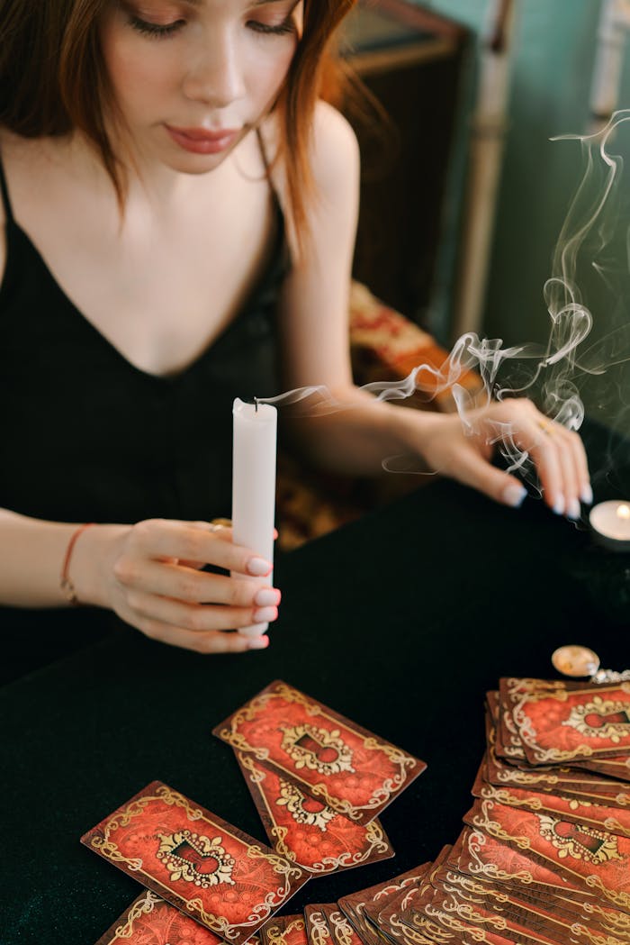 A woman holds a candle while reading tarot cards, conveying a mystical aura.