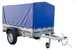 Anhänger Garden Trailer 200 KIPP 200×106 cm 750 kg [mit Hochspriegel, blauer Hochplane und Stützrad]